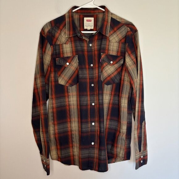 LEVI'S Pearl Snap Men's L Western Flap Pockets Brown Plaid - Picture 1 of 4